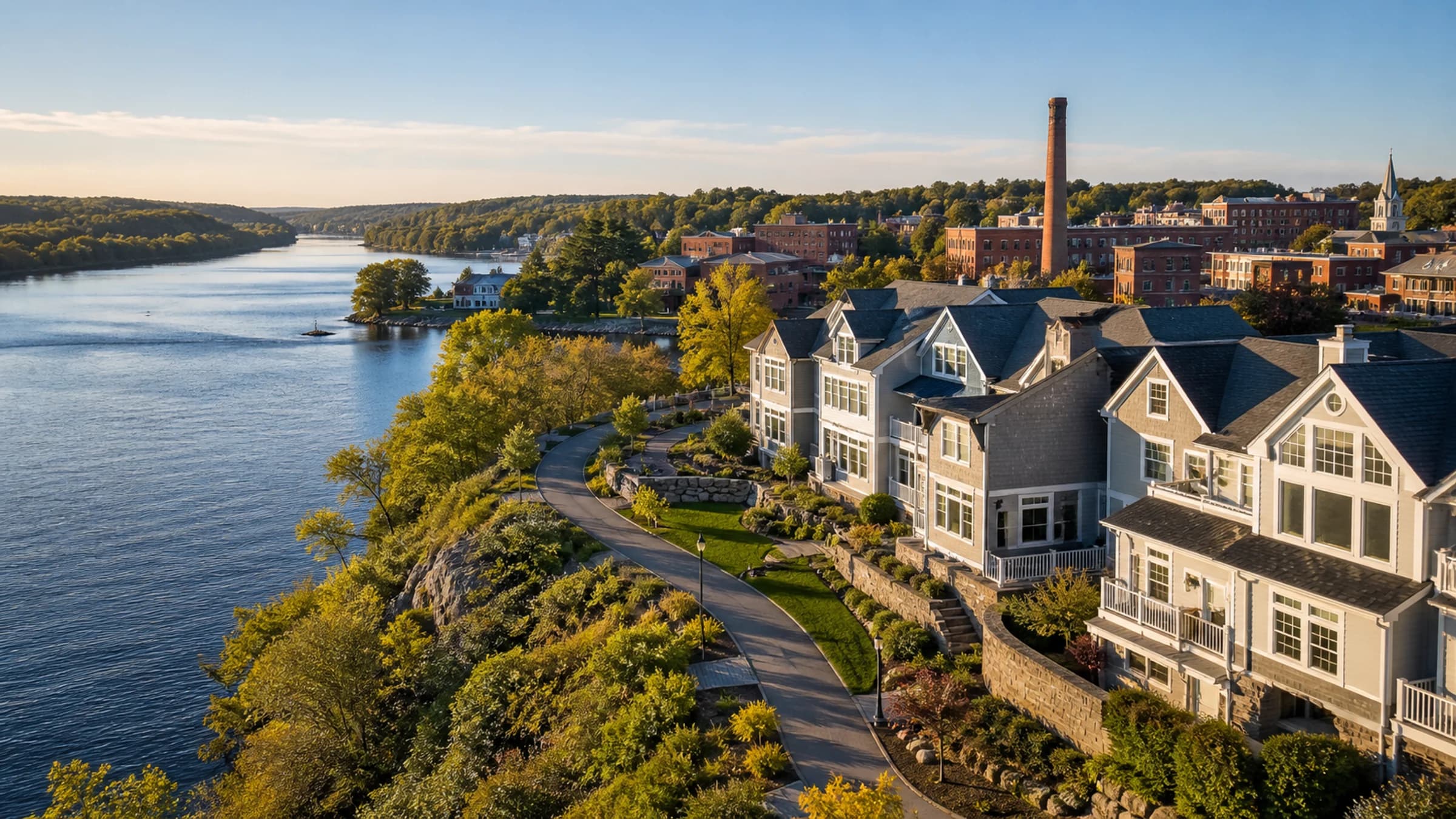 Riverfront active-adult townhomes on a bluff above a New England river