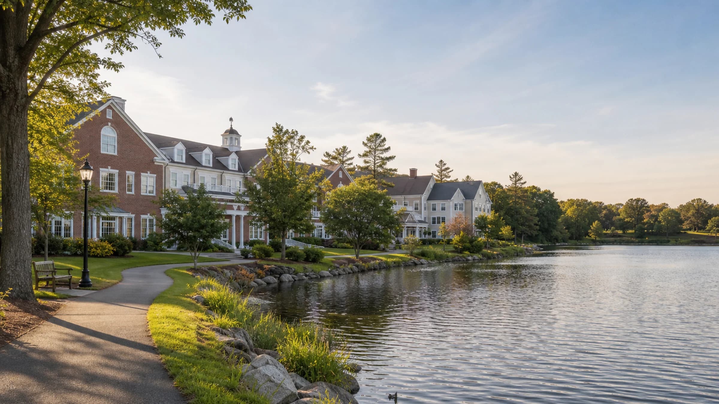 A quiet senior-living campus near a lake with walking paths and mature landscaping